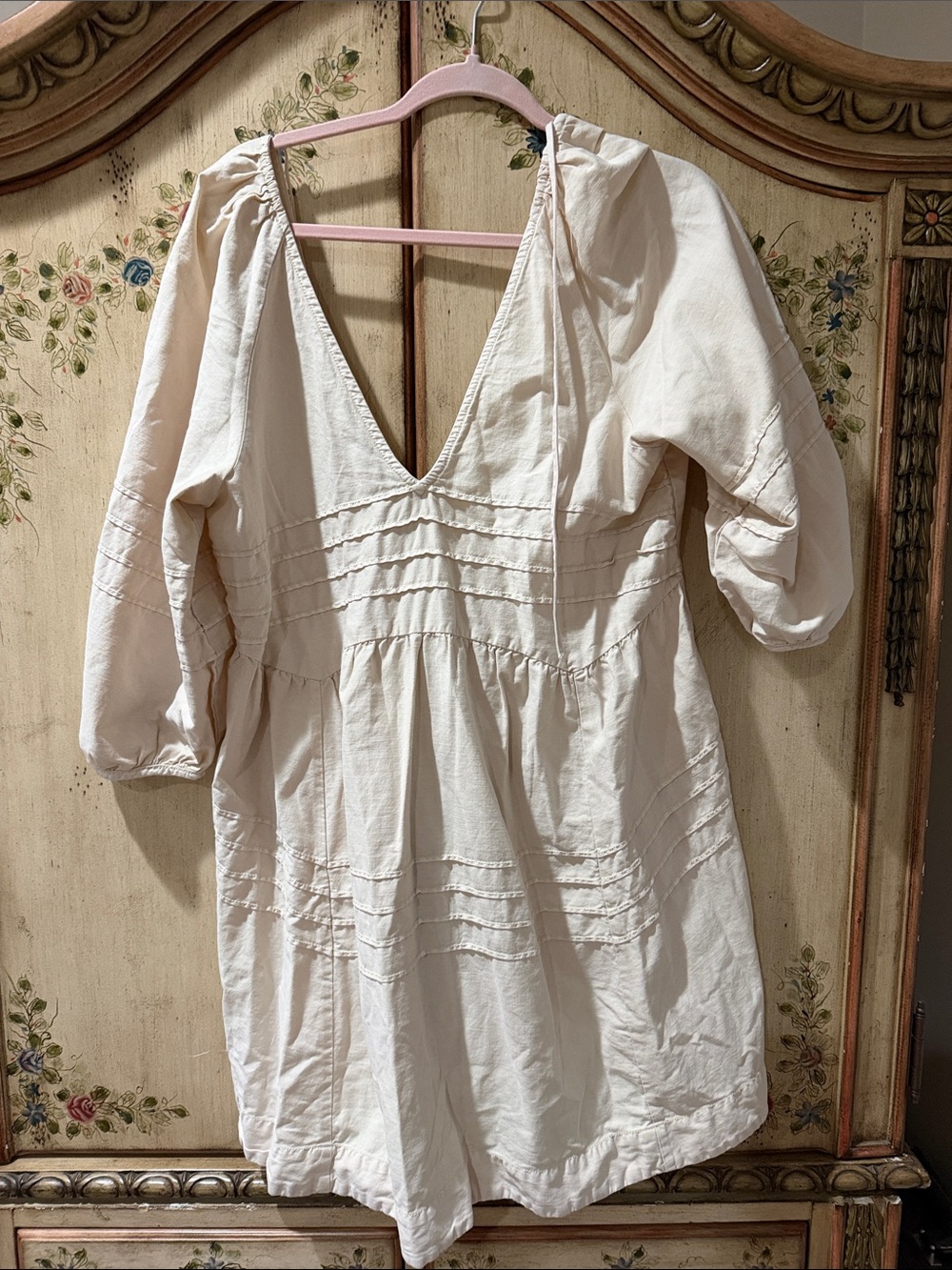 Free People Cream V-Neck Pintuck Mini Dress